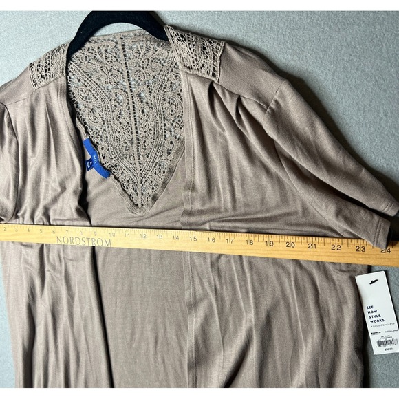 Apt. 9 Short Sleeve Open Front Cardigan Top XL Rayon Blend Taupe Crochet Back - Picture 7 of 9